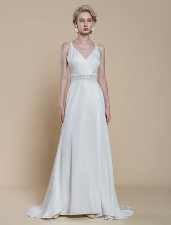 シンプルなウェディングドレス サテン生地 Vネック ノースリーブ レース ボールガウン 30cm ブライダルガウン