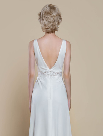 シンプルなウェディングドレス サテン生地 Vネック ノースリーブ レース ボールガウン 30cm ブライダルガウン