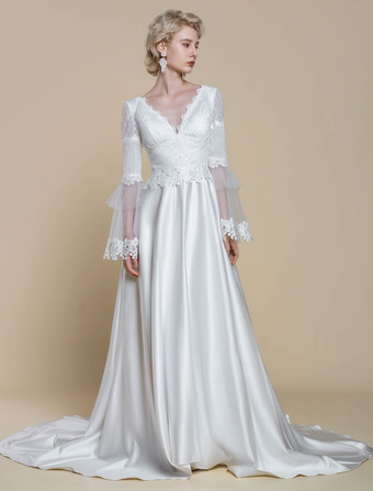 ボヘミアンウェディングドレス ポリエステル レース ボールガウン トレーン付き ナチュラルウエスト バックレス ロングスリーブ Vネック アイボリー