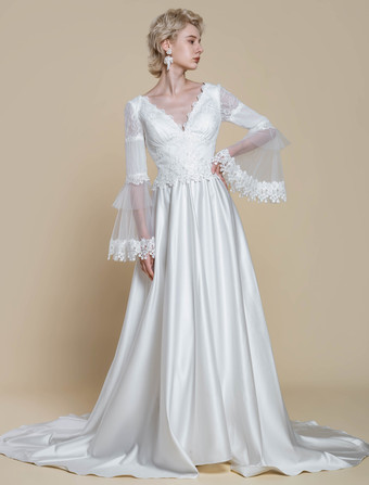 ボヘミアンウェディングドレス ポリエステル レース ボールガウン トレーン付き ナチュラルウエスト バックレス ロングスリーブ Vネック アイボリー