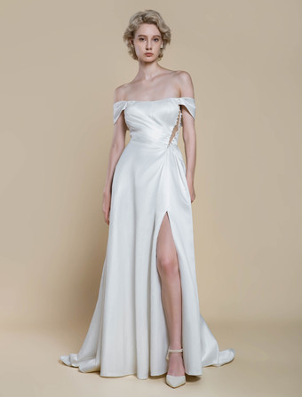 シンプルなウェディングドレス ボールガウン デザインネックライン ノースリーブ パール 20cm ブライダルガウン