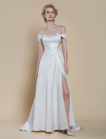 シンプルなウェディングドレス ボールガウン デザインネックライン ノースリーブ パール 20cm ブライダルガウン