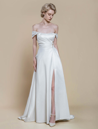 シンプルなウェディングドレス ボールガウン デザインネックライン ノースリーブ パール 20cm ブライダルガウン