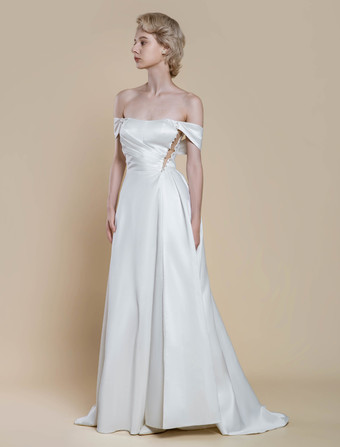 シンプルなウェディングドレス ボールガウン デザインネックライン ノースリーブ パール 20cm ブライダルガウン