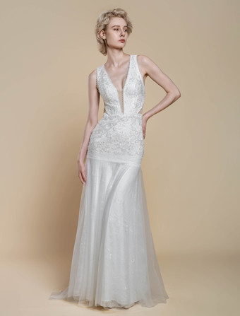 ボヘミアンウェディングドレス ポリエステル カットアウト マーメイド トレーン付き ナチュラルウエスト バックレス ノースリーブ Vネック アイボリー