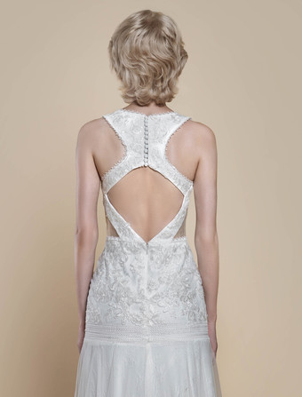 ボヘミアンウェディングドレス ポリエステル カットアウト マーメイド トレーン付き ナチュラルウエスト バックレス ノースリーブ Vネック アイボリー