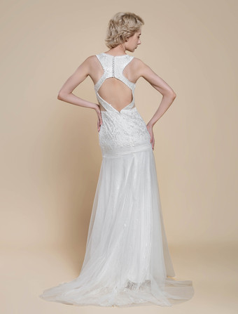 ボヘミアンウェディングドレス ポリエステル カットアウト マーメイド トレーン付き ナチュラルウエスト バックレス ノースリーブ Vネック アイボリー