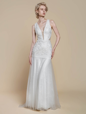 ボヘミアンウェディングドレス ポリエステル カットアウト マーメイド トレーン付き ナチュラルウエスト バックレス ノースリーブ Vネック アイボリー