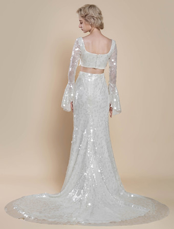 ツーピースウェディングドレス スパンコール スクエアネック マーメイド トレーン付き ジッパー 長袖 ロング アイボリー