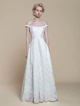 シンプルなウェディングドレス ポリエステル バトーネック フラワー Aライン ブライダルドレス