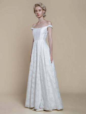 シンプルなウェディングドレス ポリエステル バトーネック フラワー Aライン ブライダルドレス