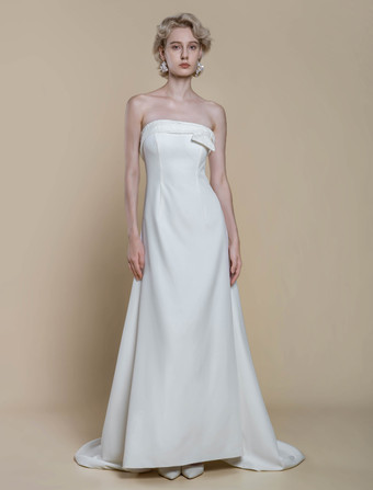 シンプルなウェディングドレス ストレッチクレープデザイン ネックライン ノースリーブ レース ボールガウン 20cm ブライダルガウン