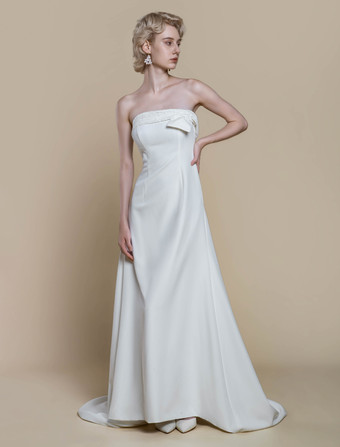 シンプルなウェディングドレス ストレッチクレープデザイン ネックライン ノースリーブ レース ボールガウン 20cm ブライダルガウン