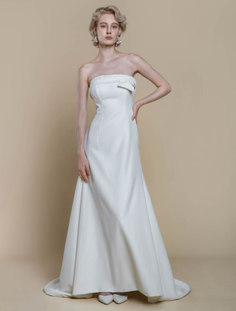 シンプルなウェディングドレス ストレッチクレープデザイン ネックライン ノースリーブ レース ボールガウン 20cm ブライダルガウン