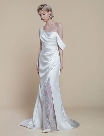 シンプルなウェディングドレス マーメイドデザイン ネックライン ノースリーブ レース 20cm ブライダルガウン