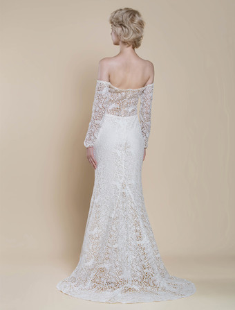 ボヘミアンウェディングドレス レース マーメイド トレーン付き ナチュラルウエスト ジッパー 長袖 バトーネック アイボリー