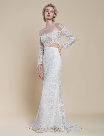 ボヘミアンウェディングドレス レース マーメイド トレーン付き ナチュラルウエスト ジッパー 長袖 バトーネック アイボリー