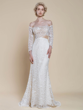 ボヘミアンウェディングドレス レース マーメイド トレーン付き ナチュラルウエスト ジッパー 長袖 バトーネック アイボリー