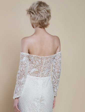 ボヘミアンウェディングドレス レース マーメイド トレーン付き ナチュラルウエスト ジッパー 長袖 バトーネック アイボリー