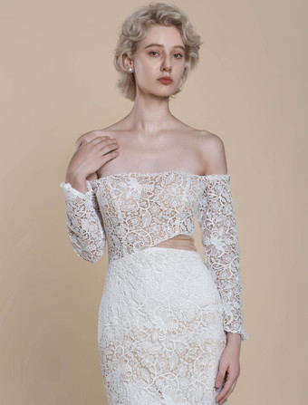 ボヘミアンウェディングドレス レース マーメイド トレーン付き ナチュラルウエスト ジッパー 長袖 バトーネック アイボリー