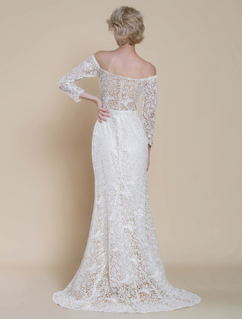 ボヘミアンウェディングドレス レース マーメイド トレーン付き ナチュラルウエスト ジッパー 長袖 バトーネック アイボリー