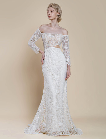 ボヘミアンウェディングドレス レース マーメイド トレーン付き ナチュラルウエスト ジッパー 長袖 バトーネック アイボリー