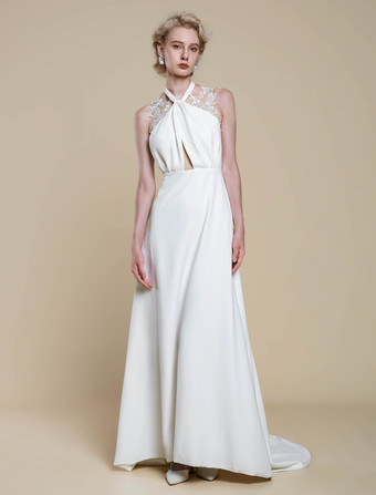 ボヘミアンウェディングドレス ポリエステルアップリケ ボールガウン トレーン付き ナチュラルウエスト バックレス ノースリーブ デザインネックライン アイボリー