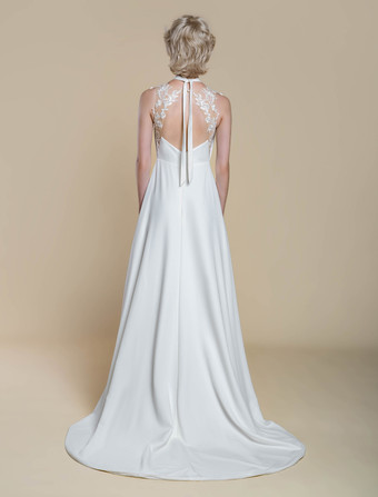 ボヘミアンウェディングドレス ポリエステルアップリケ ボールガウン トレーン付き ナチュラルウエスト バックレス ノースリーブ デザインネックライン アイボリー