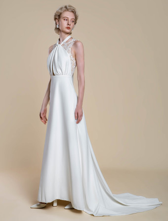 ボヘミアンウェディングドレス ポリエステルアップリケ ボールガウン トレーン付き ナチュラルウエスト バックレス ノースリーブ デザインネックライン アイボリー