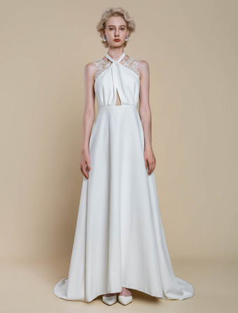 ボヘミアンウェディングドレス ポリエステルアップリケ ボールガウン トレーン付き ナチュラルウエスト バックレス ノースリーブ デザインネックライン アイボリー