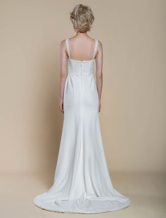 シンプルなウェディングドレスデザインネックラインノースリーブビーズマーメイドブライダルガウン