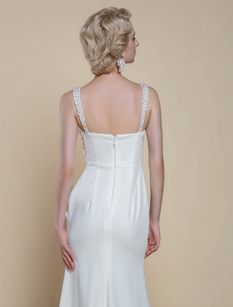 シンプルなウェディングドレスデザインネックラインノースリーブビーズマーメイドブライダルガウン