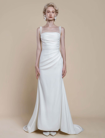 シンプルなウェディングドレスデザインネックラインノースリーブビーズマーメイドブライダルガウン