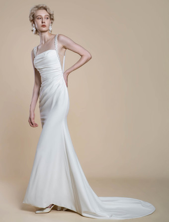 シンプルなウェディングドレスデザインネックラインノースリーブビーズマーメイドブライダルガウン