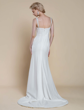 シンプルなウェディングドレスデザインネックラインノースリーブビーズマーメイドブライダルガウン