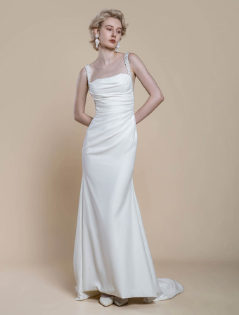 シンプルなウェディングドレスデザインネックラインノースリーブビーズマーメイドブライダルガウン