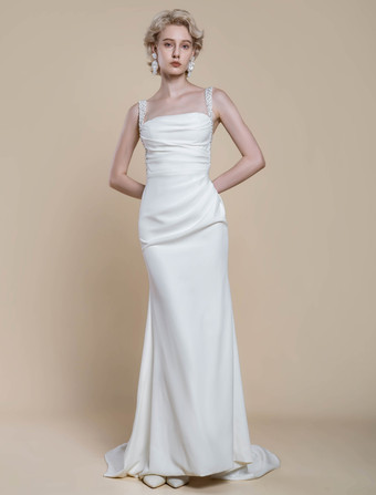 シンプルなウェディングドレスデザインネックラインノースリーブビーズマーメイドブライダルガウン