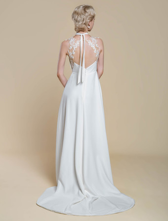 ボヘミアンウェディングドレス ポリエステルアップリケ ボールガウン トレーン付き ナチュラルウエスト バックレス ノースリーブ デザインネックライン アイボリー