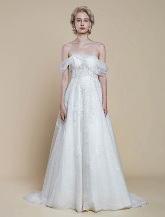 ボヘミアンウェディングドレス レース ボールガウン トレーン付き ナチュラルウエスト オフショルダー ジッパー 半袖 デザインネックライン アイボリー