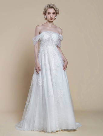 ボヘミアンウェディングドレス レース ボールガウン トレーン付き ナチュラルウエスト オフショルダー ジッパー 半袖 デザインネックライン アイボリー