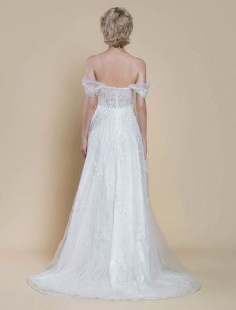 ボヘミアンウェディングドレス レース ボールガウン トレーン付き ナチュラルウエスト オフショルダー ジッパー 半袖 デザインネックライン アイボリー