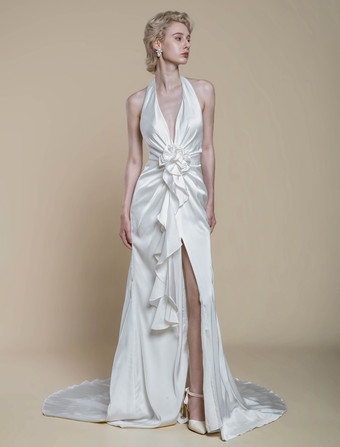 シンプルなウェディングドレス ポリエステル デザインネックライン ノースリーブ 花柄 シース 50cm ブライダルドレス