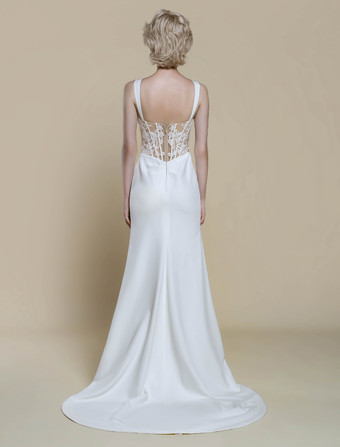 ボヘミアンウェディングドレス レース ボールガウン トレーン付き ナチュラルウエスト ジッパー ノースリーブ バトーネック アイボリー