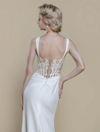 ボヘミアンウェディングドレス レース ボールガウン トレーン付き ナチュラルウエスト ジッパー ノースリーブ バトーネック アイボリー