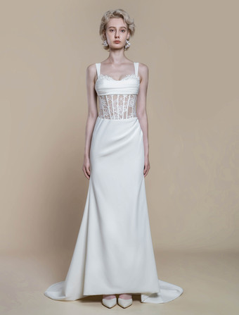 ボヘミアンウェディングドレス レース ボールガウン トレーン付き ナチュラルウエスト ジッパー ノースリーブ バトーネック アイボリー