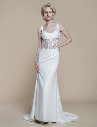 ボヘミアンウェディングドレス レース ボールガウン トレーン付き ナチュラルウエスト ジッパー ノースリーブ バトーネック アイボリー