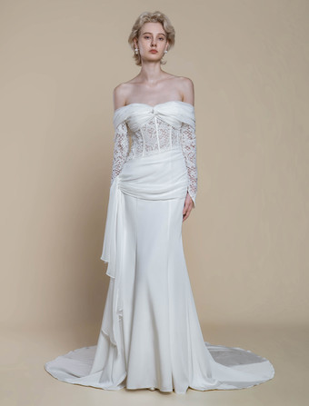 ボヘミアンウェディングドレス ポリエステル レース シース トレーン付き ナチュラルウエスト ジッパー 長袖 バトーネック アイボリー