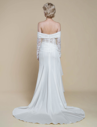 ボヘミアンウェディングドレス ポリエステル レース シース トレーン付き ナチュラルウエスト ジッパー 長袖 バトーネック アイボリー