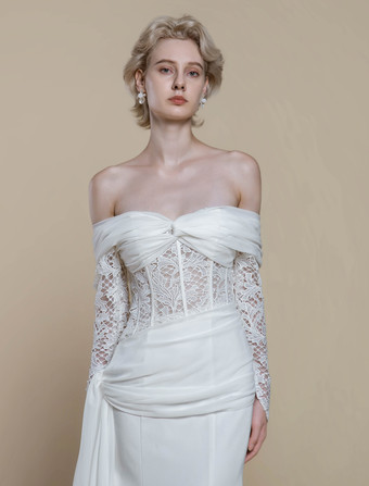 ボヘミアンウェディングドレス ポリエステル レース シース トレーン付き ナチュラルウエスト ジッパー 長袖 バトーネック アイボリー