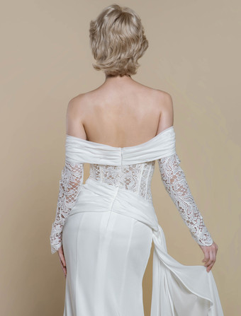 ボヘミアンウェディングドレス ポリエステル レース シース トレーン付き ナチュラルウエスト ジッパー 長袖 バトーネック アイボリー